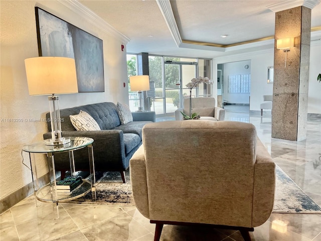 3475 S Ocean Blvd Unit 1130, Palm Beach, FL 33480 - living area with ornamental molding, a wall of windows, and a raised ceiling