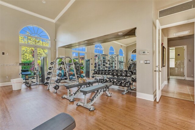 3398 NE 9th Dr Unit 104, Homestead, FL 33033 - gym with a towering ceiling, healthy amount of natural light, baseboards, wood finished floors, and ornamental molding