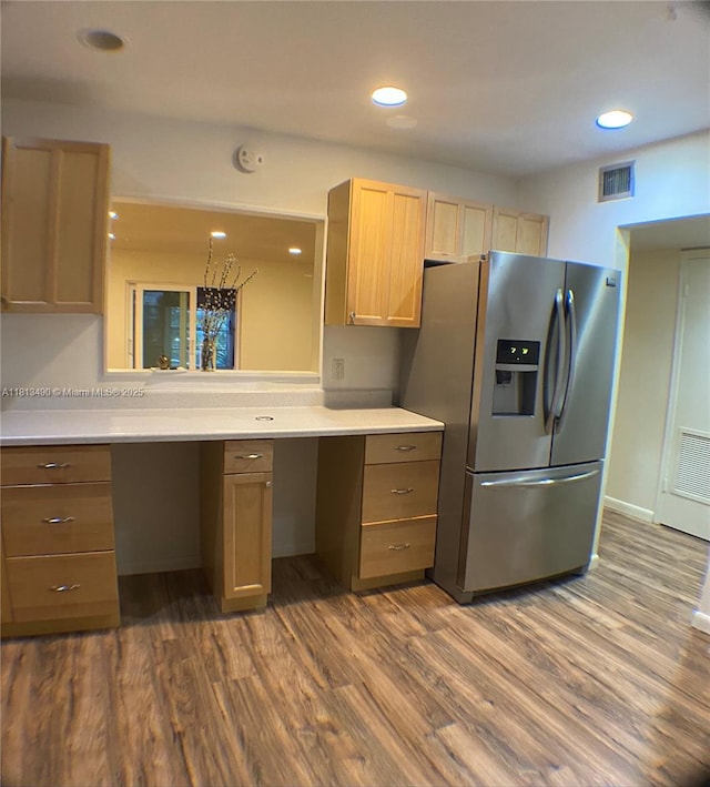 2061 NW 47th Ter Unit 205, Lauderhill, FL 33313 - kitchen featuring stainless steel fridge with ice dispenser, dark wood finished floors, light countertops, and light brown cabinetry