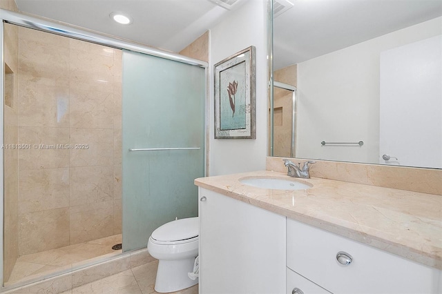 19400 Turnberry Way Unit 1131, Aventura, FL 33180 - full bath featuring a stall shower, toilet, vanity, tile patterned floors, and recessed lighting