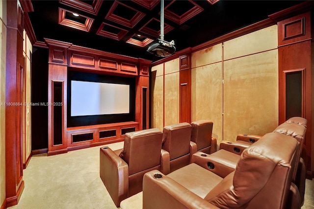 3308 Islewood Ave, Weston, FL 33332 - cinema room featuring carpet flooring, crown molding, coffered ceiling, and beamed ceiling