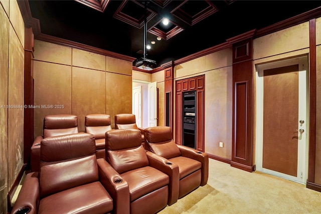 3308 Islewood Ave, Weston, FL 33332 - cinema with light colored carpet, coffered ceiling, ornamental molding, baseboards, and beam ceiling