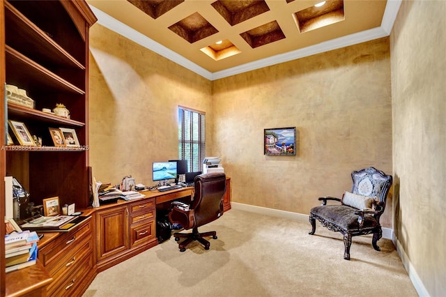 3308 Islewood Ave, Weston, FL 33332 - office space featuring coffered ceiling, ornamental molding, beam ceiling, light carpet, and baseboards