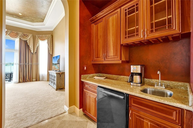 3308 Islewood Ave, Weston, FL 33332 - kitchen featuring dishwasher, a sink, light colored carpet, ornamental molding, and glass insert cabinets