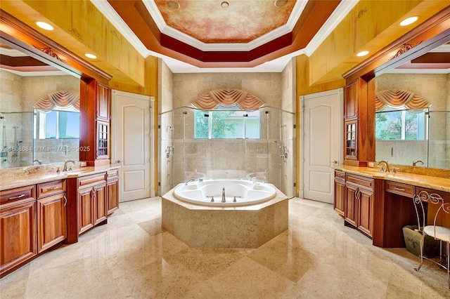 3308 Islewood Ave, Weston, FL 33332 - bathroom featuring crown molding, a stall shower, two vanities, and plenty of natural light