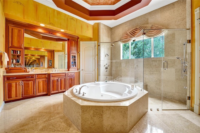 3308 Islewood Ave, Weston, FL 33332 - bathroom with ornamental molding, a whirlpool tub, a shower stall, and vanity