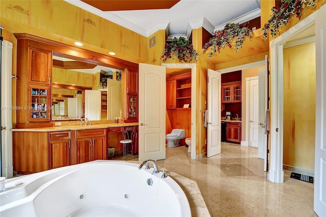 3308 Islewood Ave, Weston, FL 33332 - bathroom with a whirlpool tub, crown molding, vanity, baseboards, and a bidet