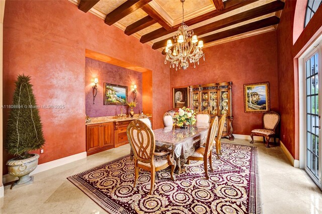3308 Islewood Ave, Weston, FL 33332 - dining area with beam ceiling, a towering ceiling, a chandelier, coffered ceiling, and baseboards