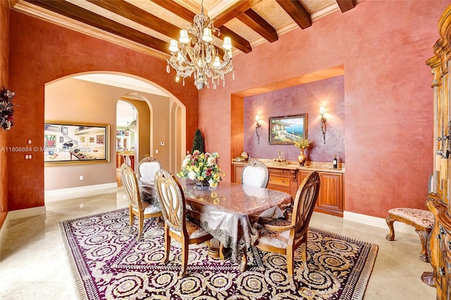 3308 Islewood Ave, Weston, FL 33332 - dining space featuring beamed ceiling, a towering ceiling, arched walkways, a chandelier, and baseboards