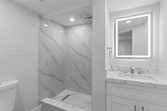 7900 S Colony Cir Unit 206, Tamarac, FL 33321 - bathroom featuring marble finish flooring, a marble finish shower, vanity, recessed lighting, and toilet