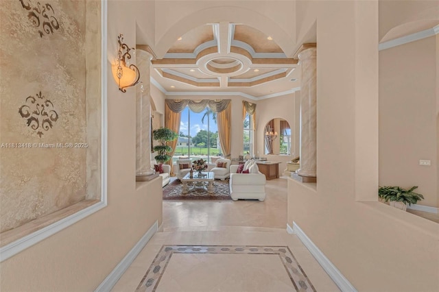 3250 W Stonebrook Cir, Davie, FL 33330 - corridor featuring crown molding, baseboards, recessed lighting, inlaid floor details, and coffered ceiling