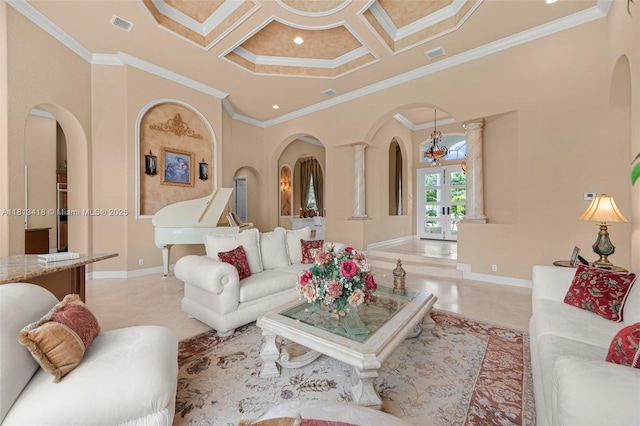 3250 W Stonebrook Cir, Davie, FL 33330 - living room featuring arched walkways, crown molding, coffered ceiling, baseboards, and light tile patterned flooring
