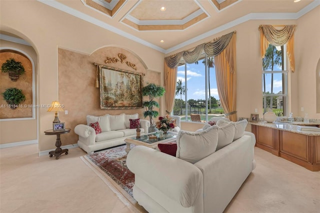3250 W Stonebrook Cir, Davie, FL 33330 - living room featuring ornamental molding, coffered ceiling, beam ceiling, recessed lighting, and baseboards