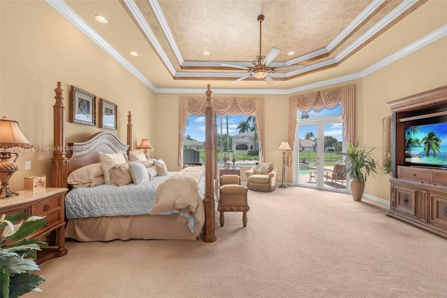 3250 W Stonebrook Cir, Davie, FL 33330 - bedroom featuring carpet flooring, a raised ceiling, ornamental molding, access to outside, and ceiling fan