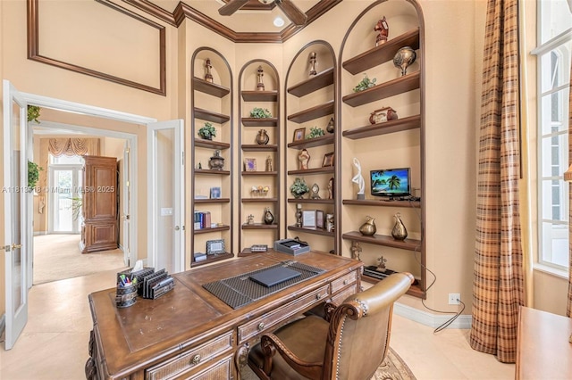 3250 W Stonebrook Cir, Davie, FL 33330 - home office featuring built in features, ornamental molding, a ceiling fan, and baseboards