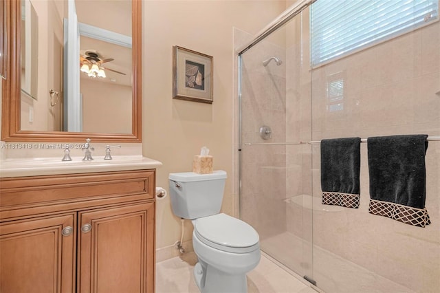3250 W Stonebrook Cir, Davie, FL 33330 - bathroom featuring toilet, a stall shower, vanity, and ceiling fan