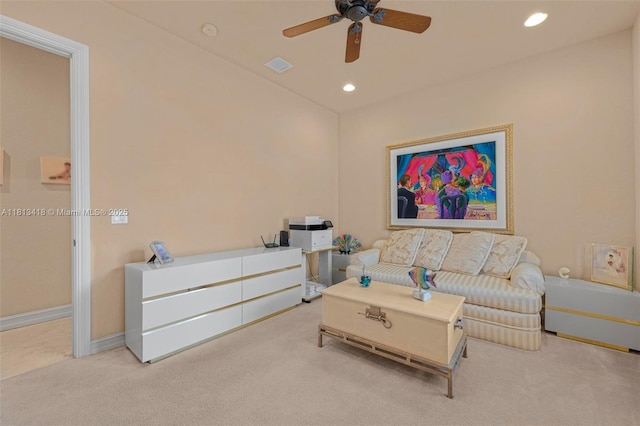 3250 W Stonebrook Cir, Davie, FL 33330 - carpeted living area with ceiling fan, recessed lighting, and baseboards