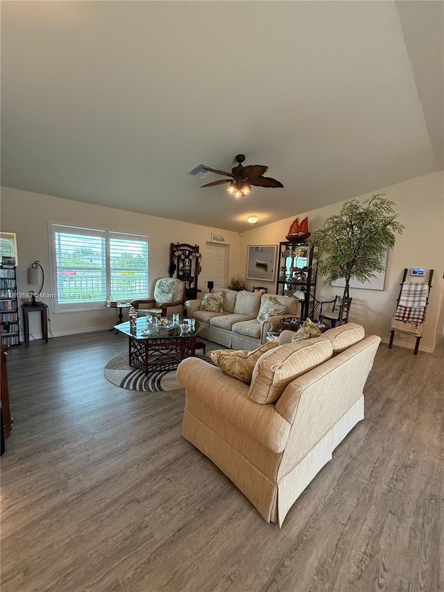 3031 Cherry Ln, La Belle, FL 33935 - living area with wood finished floors, a ceiling fan, and baseboards