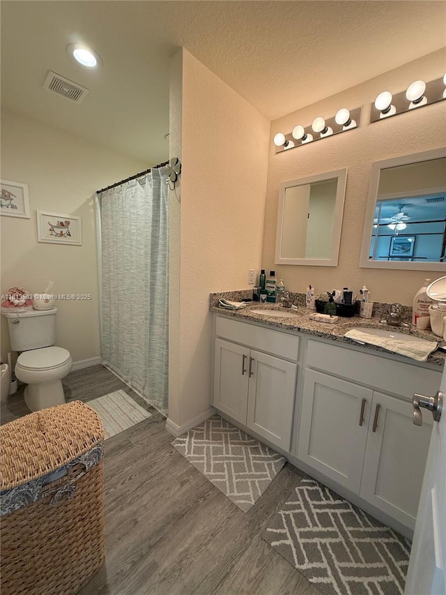 3031 Cherry Ln, La Belle, FL 33935 - full bathroom with wood finished floors, double vanity, toilet, and a shower with shower curtain