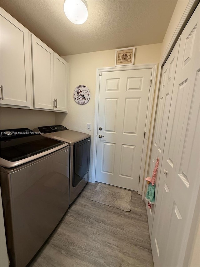 3031 Cherry Ln, La Belle, FL 33935 - laundry area with washing machine and dryer, light wood finished floors, a textured ceiling, and cabinet space