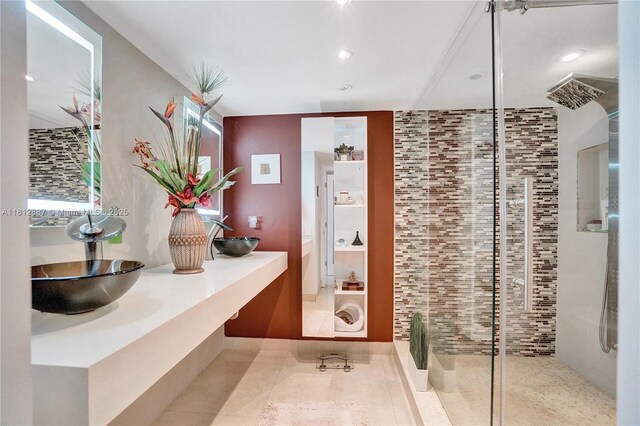 1000 Quayside Ter Unit 1101, Miami, FL 33138 - bathroom featuring tiled shower, double vanity, recessed lighting, and tile patterned flooring