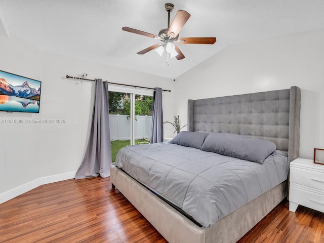 2810 River Run Cir E, Miramar, FL 33025 - bedroom featuring access to exterior, wood finished floors, lofted ceiling, baseboards, and ceiling fan