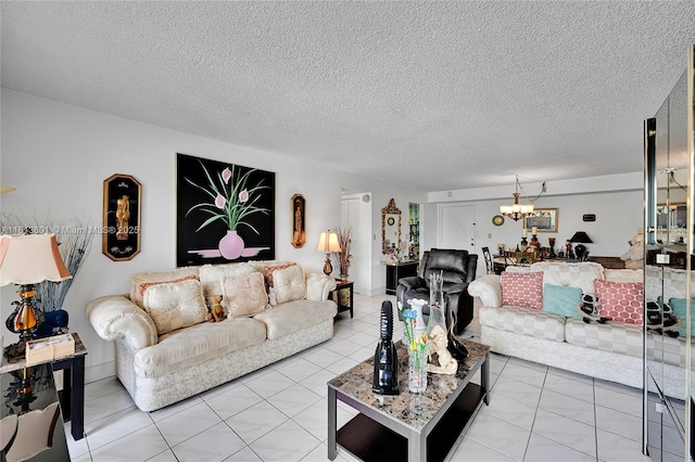 6195 Rock Island Rd Unit 215, Tamarac, FL 33319 - living room with a chandelier, a textured ceiling, and light tile patterned floors