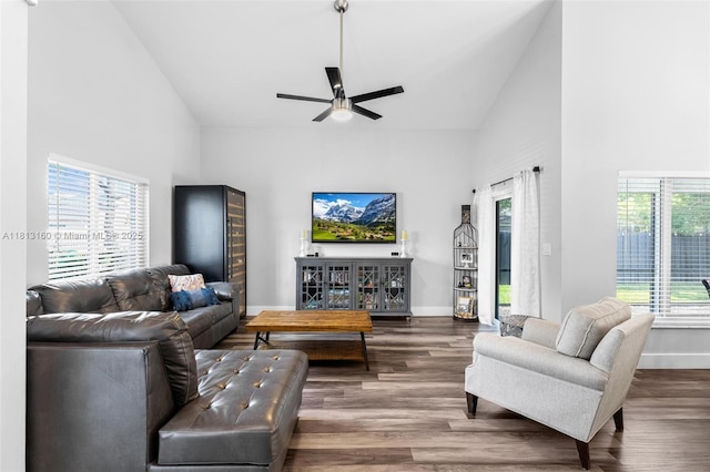 14100 Langley Pl, Davie, FL 33325 - living area featuring high vaulted ceiling, a ceiling fan, wood finished floors, and baseboards