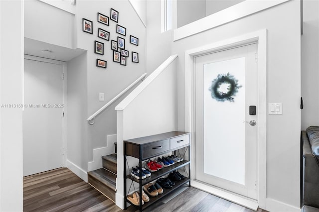 14100 Langley Pl, Davie, FL 33325 - entryway featuring stairway, wood finished floors, and baseboards
