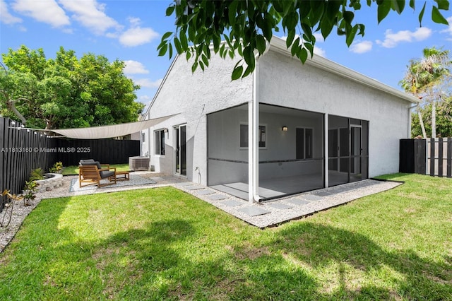 14100 Langley Pl, Davie, FL 33325 - back of property with stucco siding, a patio area, cooling unit, and a sunroom
