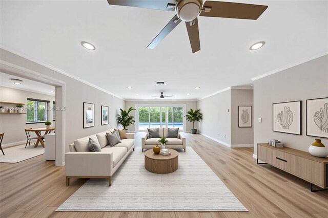 1237 Dove Ave, Miami Springs, FL 33166 - living room featuring crown molding, a ceiling fan, wood finished floors, and recessed lighting