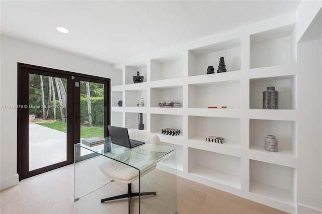 1320 Alhambra Cir, Coral Gables, FL 33134 - tiled office space featuring built in shelves, french doors, and recessed lighting