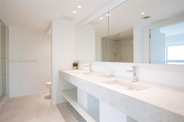 10250 Collins Ave Unit Ph1, Bal Harbour, FL 33154 - bathroom with toilet, a stall shower, double vanity, and recessed lighting
