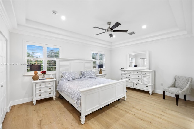 3229 Canal Dr, Pompano Beach, FL 33062 - bedroom with a raised ceiling, light wood-type flooring, ceiling fan, recessed lighting, and crown molding