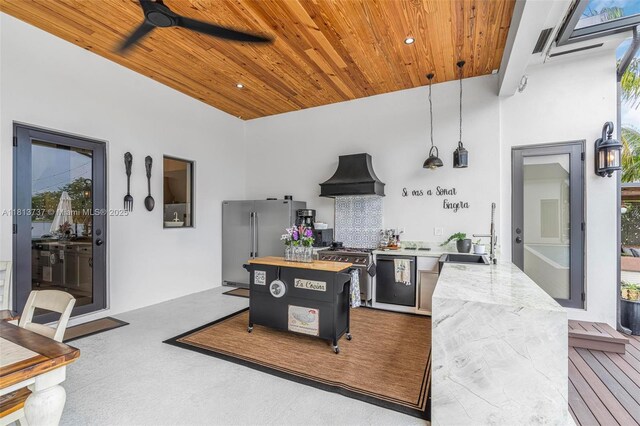 9291 SW 88th St, Miami, FL 33176 - kitchen featuring premium range hood, high quality appliances, wooden ceiling, a sink, and a kitchen island