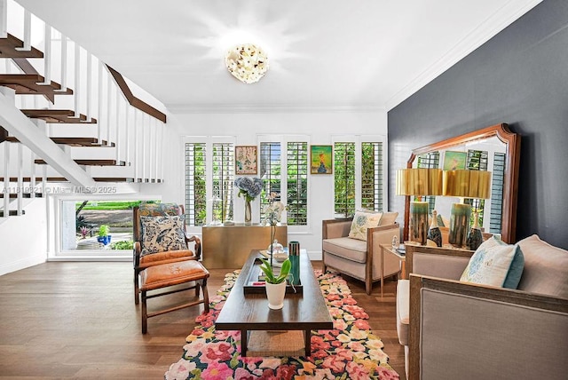 1450 Ortega Ave, Coral Gables, FL 33134 - living room with wood finished floors, crown molding, and stairway