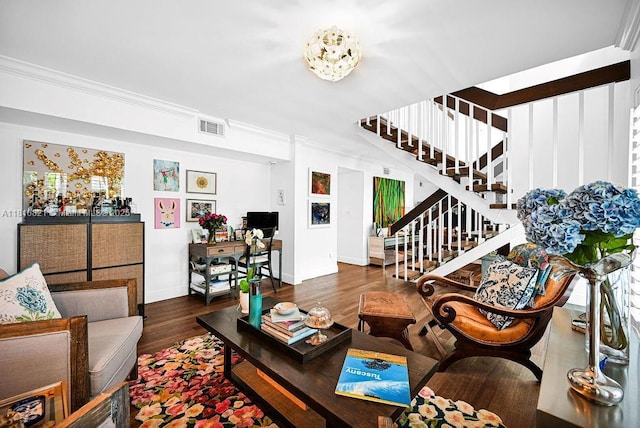 1450 Ortega Ave, Coral Gables, FL 33134 - living area featuring stairs, wood finished floors, baseboards, and crown molding