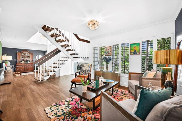 1450 Ortega Ave, Coral Gables, FL 33134 - living area with stairs, ornamental molding, and wood finished floors