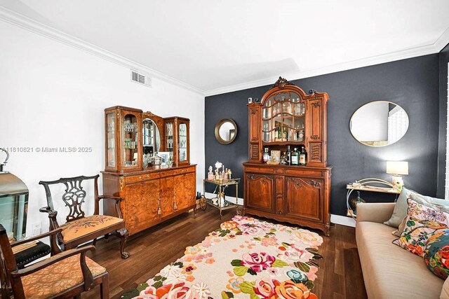 1450 Ortega Ave, Coral Gables, FL 33134 - living room with crown molding, dark wood-style flooring, and baseboards