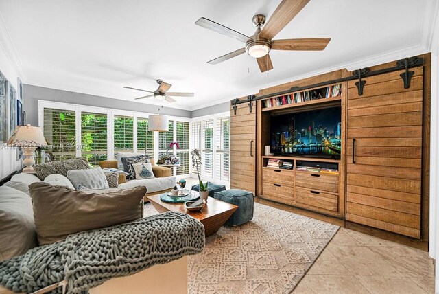 1450 Ortega Ave, Coral Gables, FL 33134 - living area with crown molding, ceiling fan, and a barn door