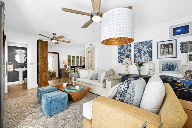 1450 Ortega Ave, Coral Gables, FL 33134 - living room with ceiling fan and ornamental molding