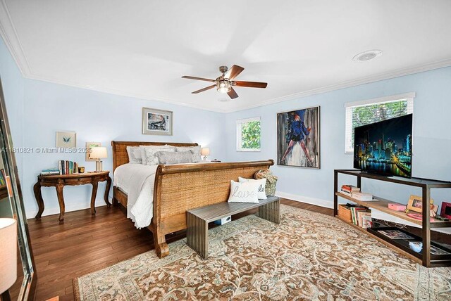 1450 Ortega Ave, Coral Gables, FL 33134 - bedroom with wood finished floors, ornamental molding, baseboards, and ceiling fan