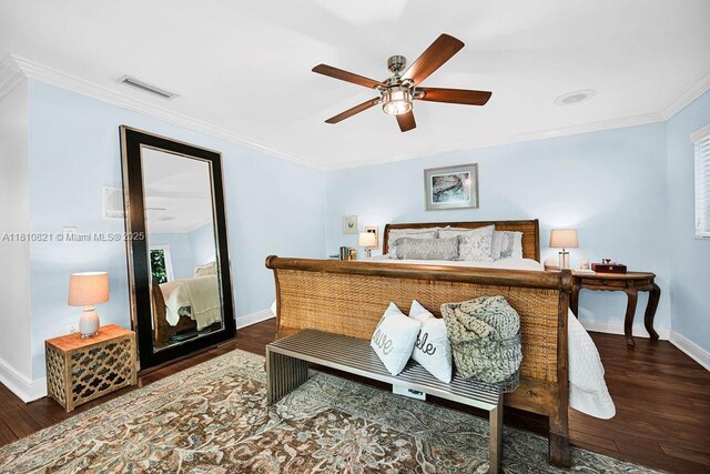 1450 Ortega Ave, Coral Gables, FL 33134 - bedroom featuring baseboards, wood finished floors, ornamental molding, and ceiling fan