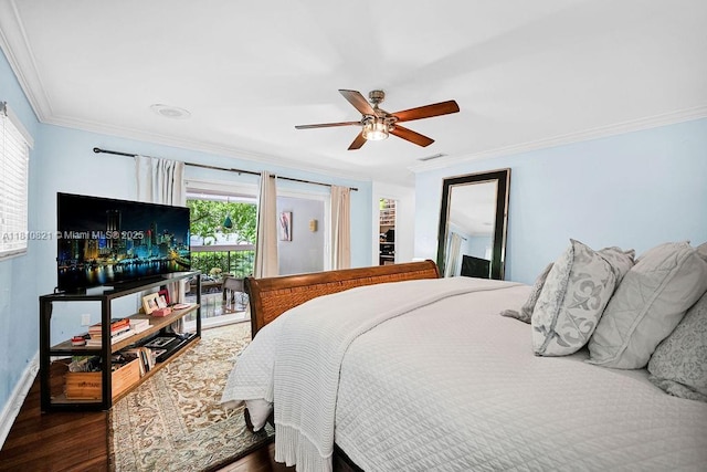 1450 Ortega Ave, Coral Gables, FL 33134 - bedroom with dark wood finished floors, ornamental molding, baseboards, and ceiling fan