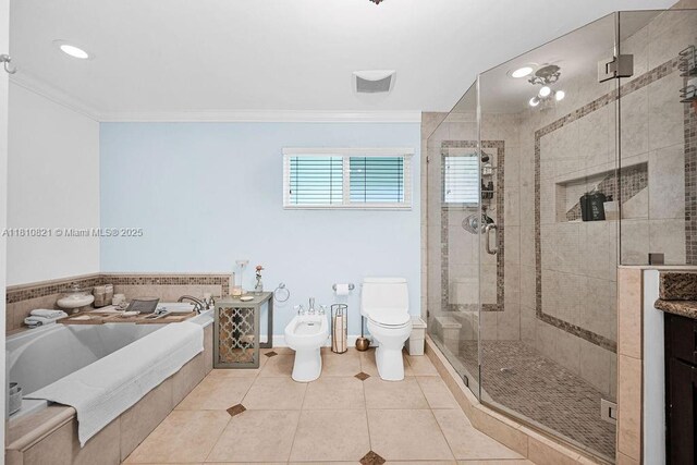 1450 Ortega Ave, Coral Gables, FL 33134 - bathroom with ornamental molding, a bidet, a garden tub, a shower stall, and toilet