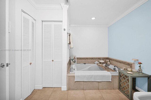 1450 Ortega Ave, Coral Gables, FL 33134 - bathroom featuring a closet, a bath, tile patterned floors, ornamental molding, and recessed lighting