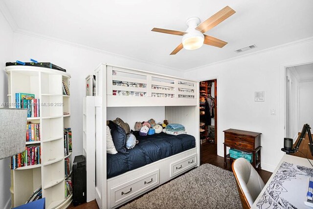1450 Ortega Ave, Coral Gables, FL 33134 - bedroom featuring dark wood finished floors, ornamental molding, and a ceiling fan