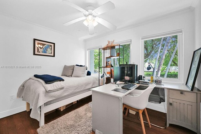 1450 Ortega Ave, Coral Gables, FL 33134 - bedroom featuring crown molding, dark wood finished floors, a desk, baseboards, and ceiling fan