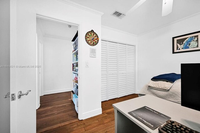 1450 Ortega Ave, Coral Gables, FL 33134 - office area with crown molding, wood-type flooring, and baseboards