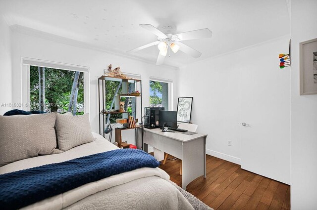 1450 Ortega Ave, Coral Gables, FL 33134 - bedroom featuring wood-type flooring, a desk, crown molding, ceiling fan, and baseboards